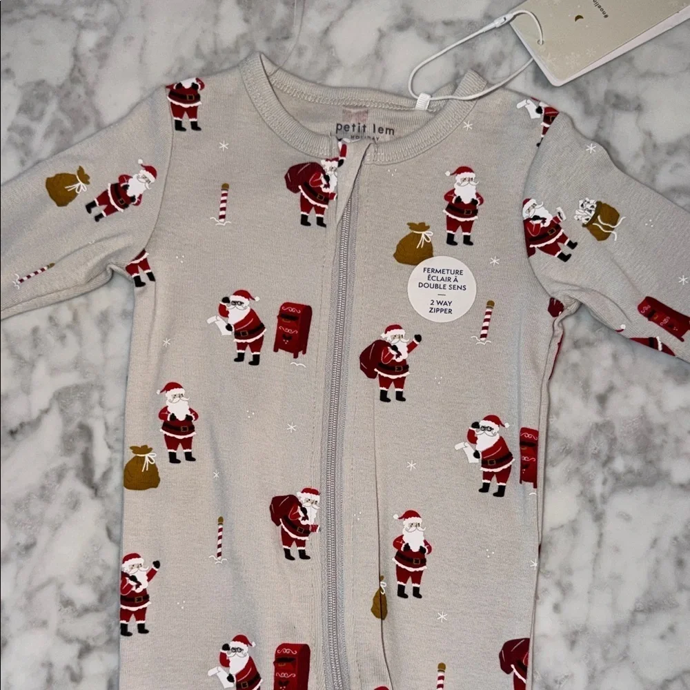 NWT Petit Lem Beige Santa Print Footie